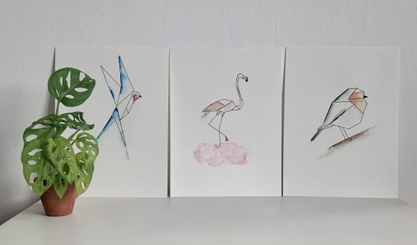 3 affiches aquarelle encre de chine oiseaux