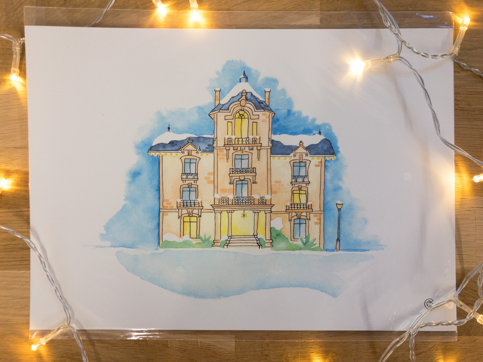 aquarelle villa sous la neige