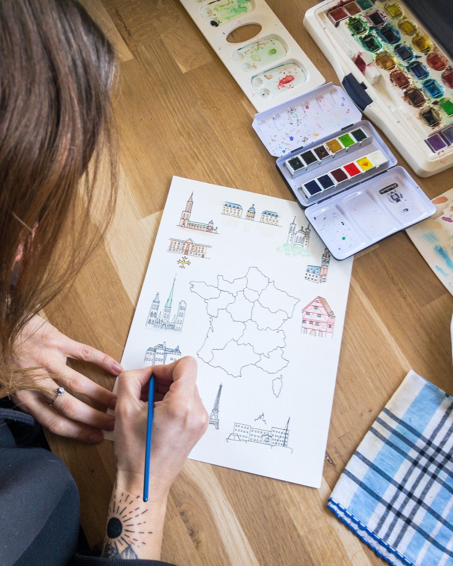 projet illustration Eurométropole : carte des régions de France à l'encre et à l'aquarelle